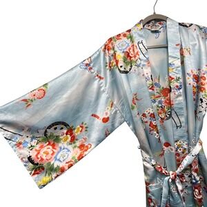 Ichiban Japan Kimono Robe Blue Floral Print Polyester Size 42 (Large) VTG Blue